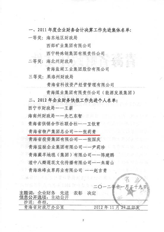 物產(chǎn)集團(tuán)榮獲2011年度財(cái)務(wù)決算先進(jìn)單位、2012年度財(cái)務(wù)快報工作先進(jìn)個人表彰